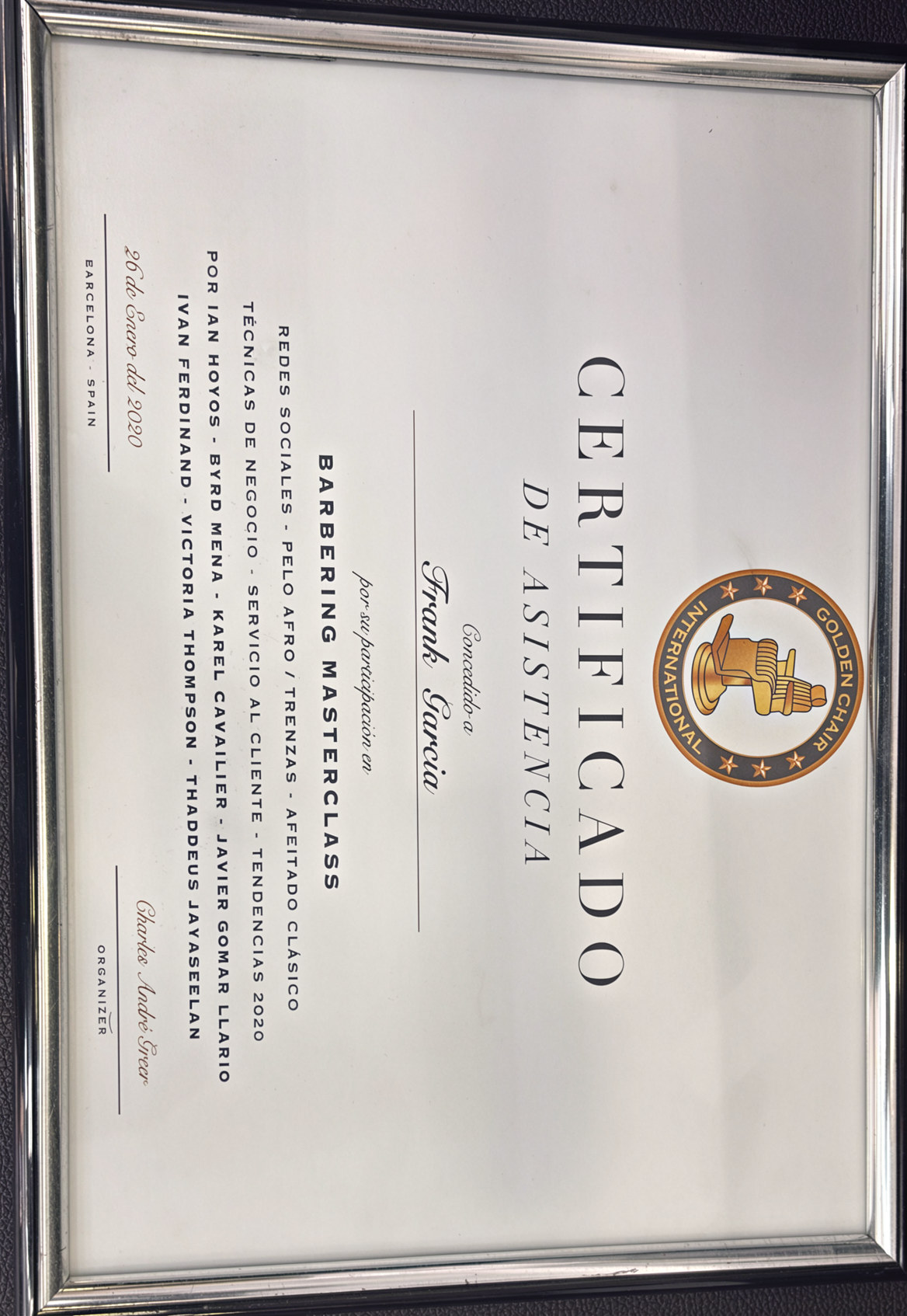 Certificado Golden Chair International de Frank García