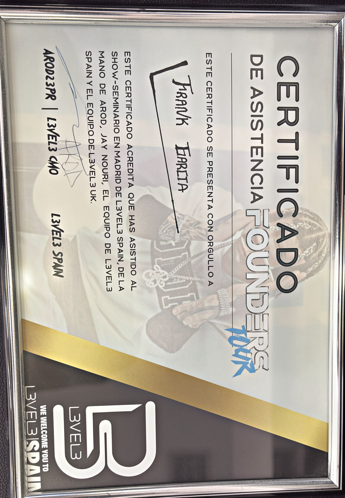 Certificado L3VEL3 Founders Tour de Frank García